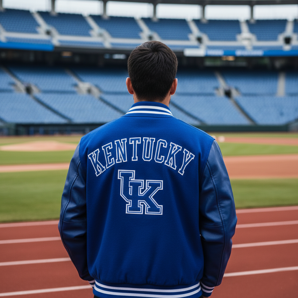 Person wearing a blue 'Kentucky' jacket at a baseball stadium