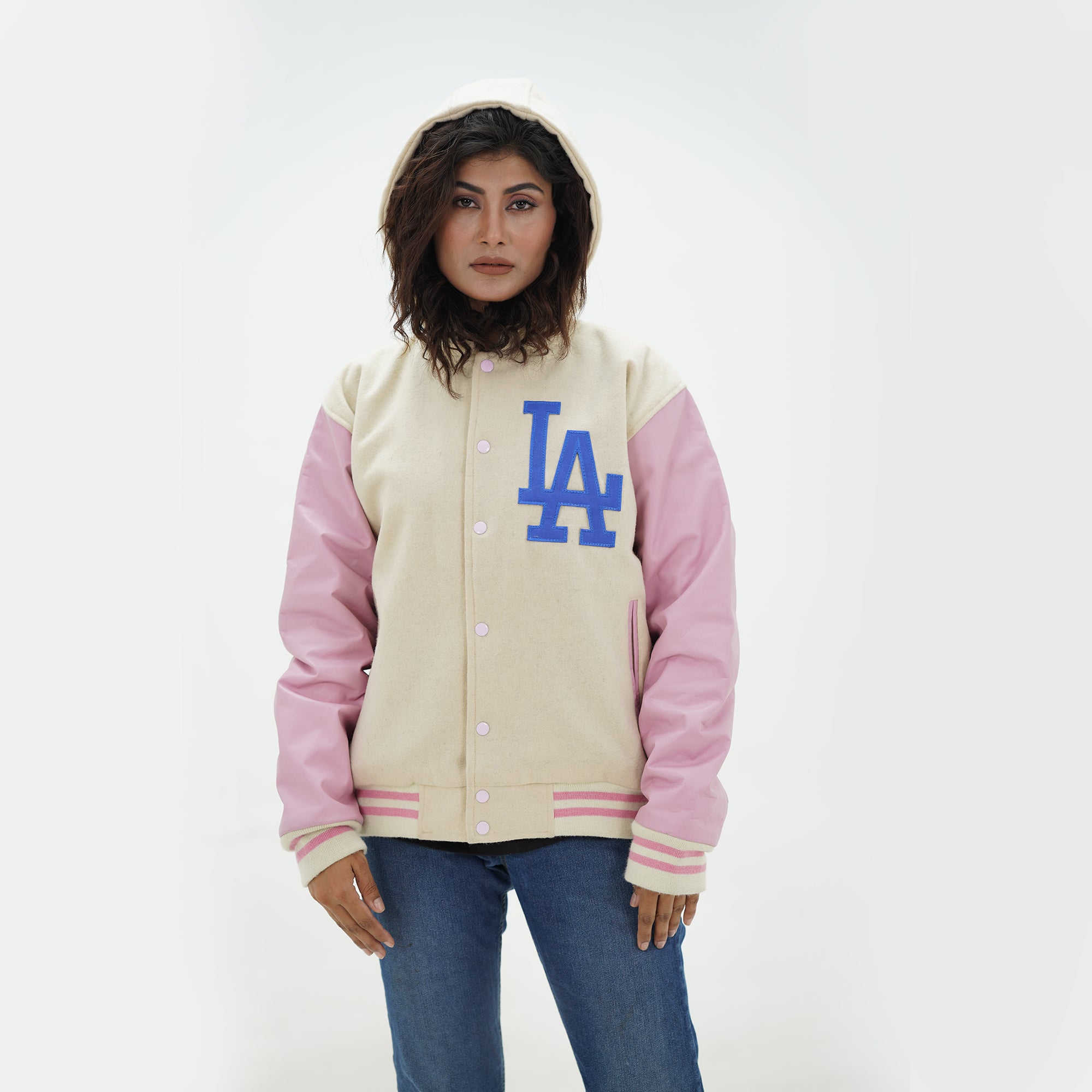 Close up of LA Dodgers letterman jacket ribbed hood and cuffs with off white striped trim details for authentic MLB styling