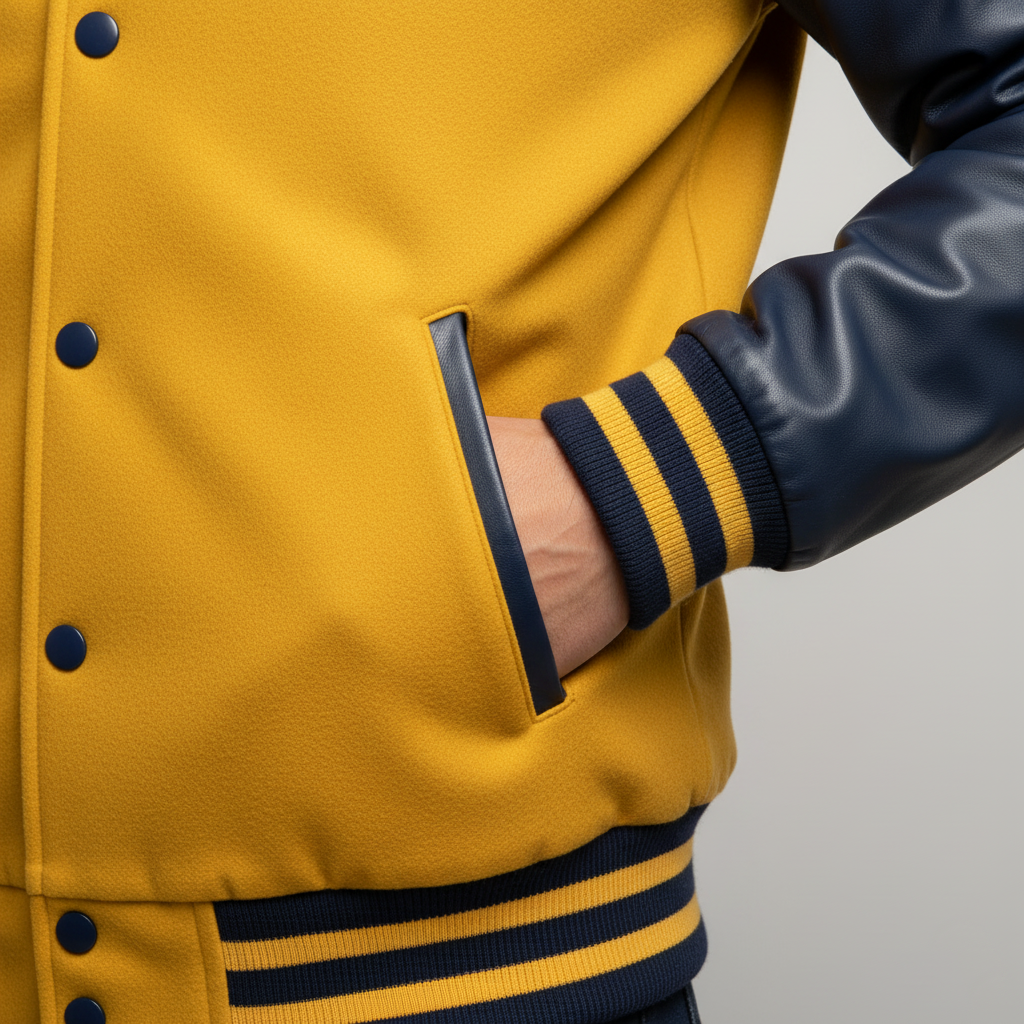 Yellow varsity jacket with black accents on a gray background