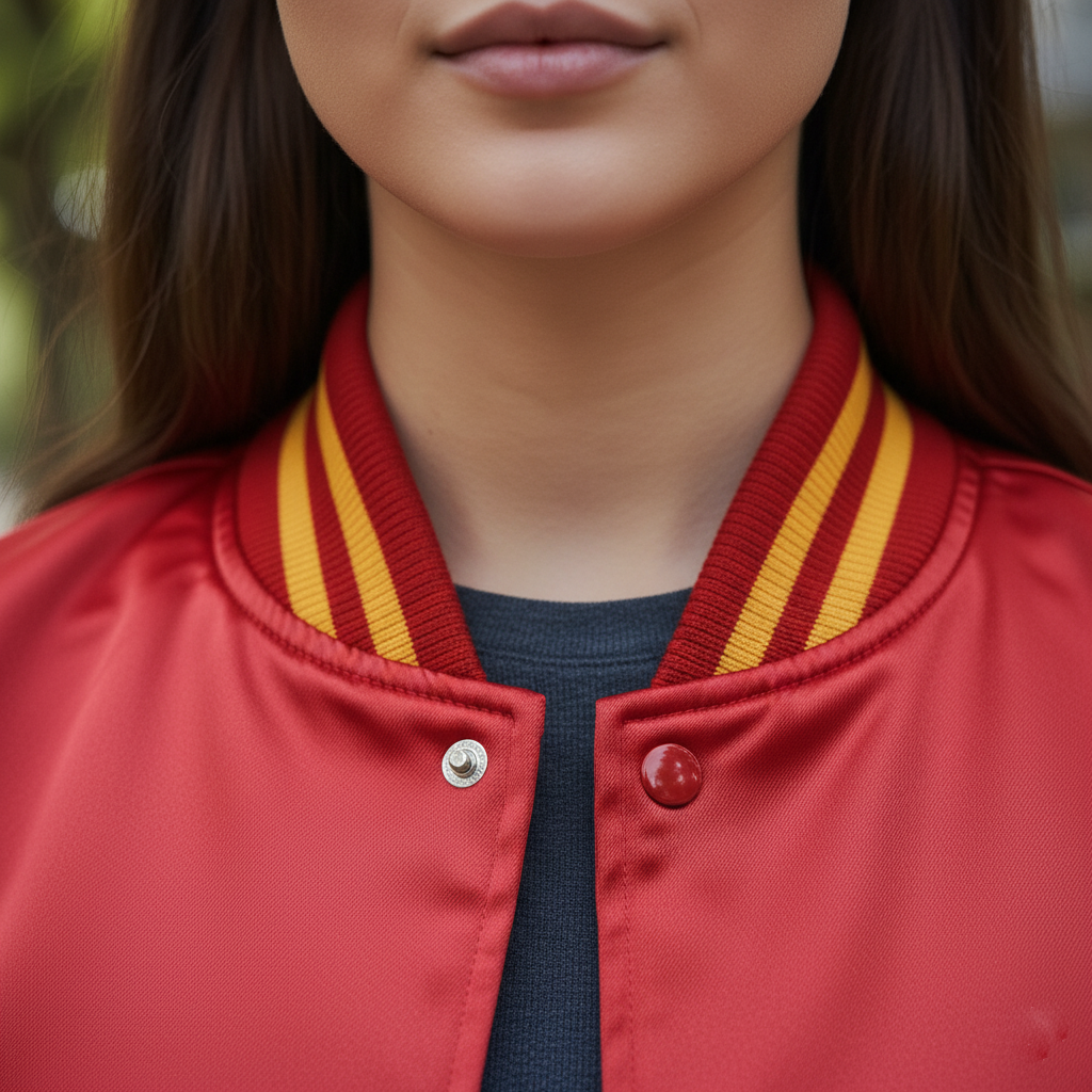Red jacket with yellow stripes worn by a person, blurred background