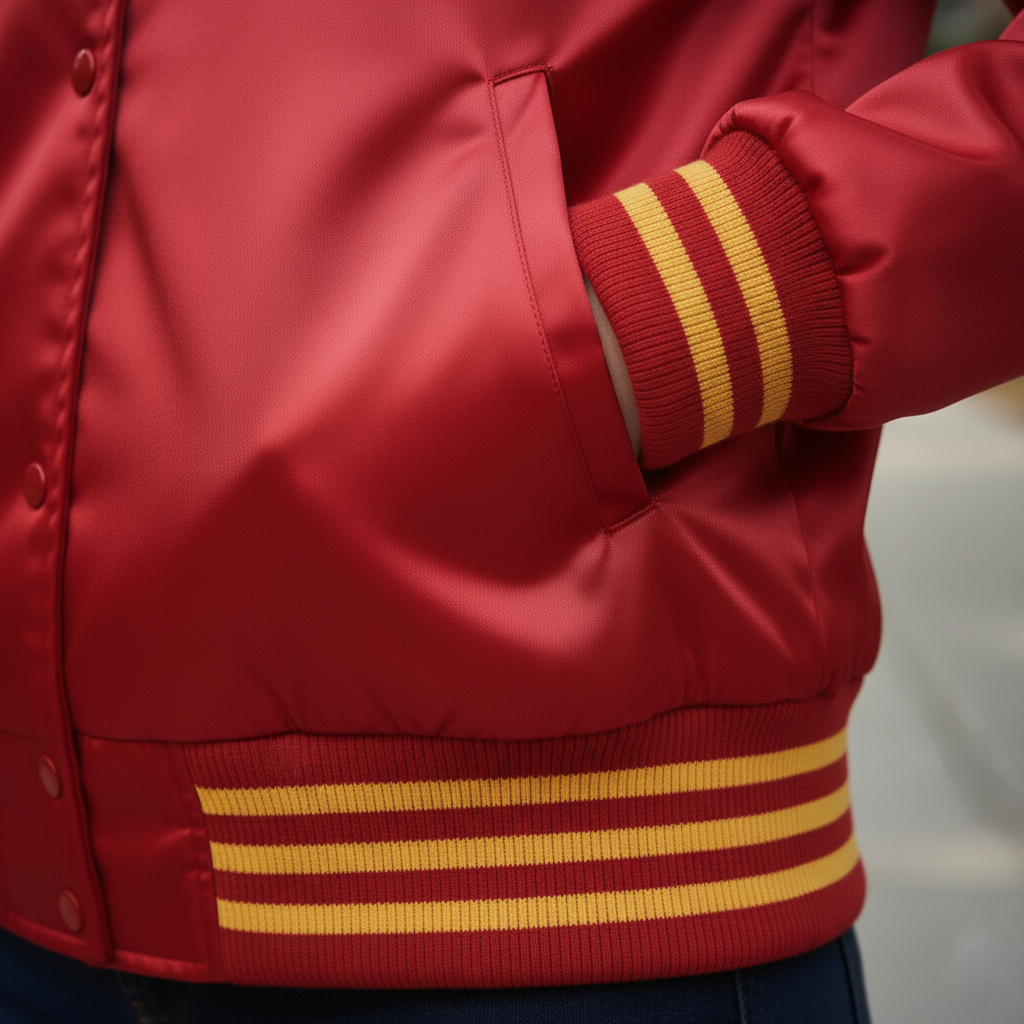 Red jacket with yellow stripes on sleeves and waistband against a neutral background
