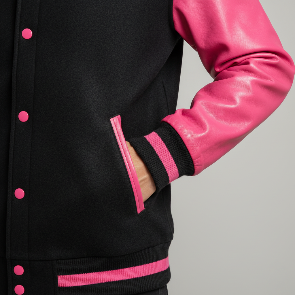 Black and pink varsity jacket with pink sleeves and buttons on gray background