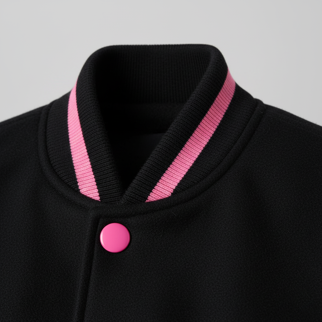 Black jacket with pink trim and button on a gray background