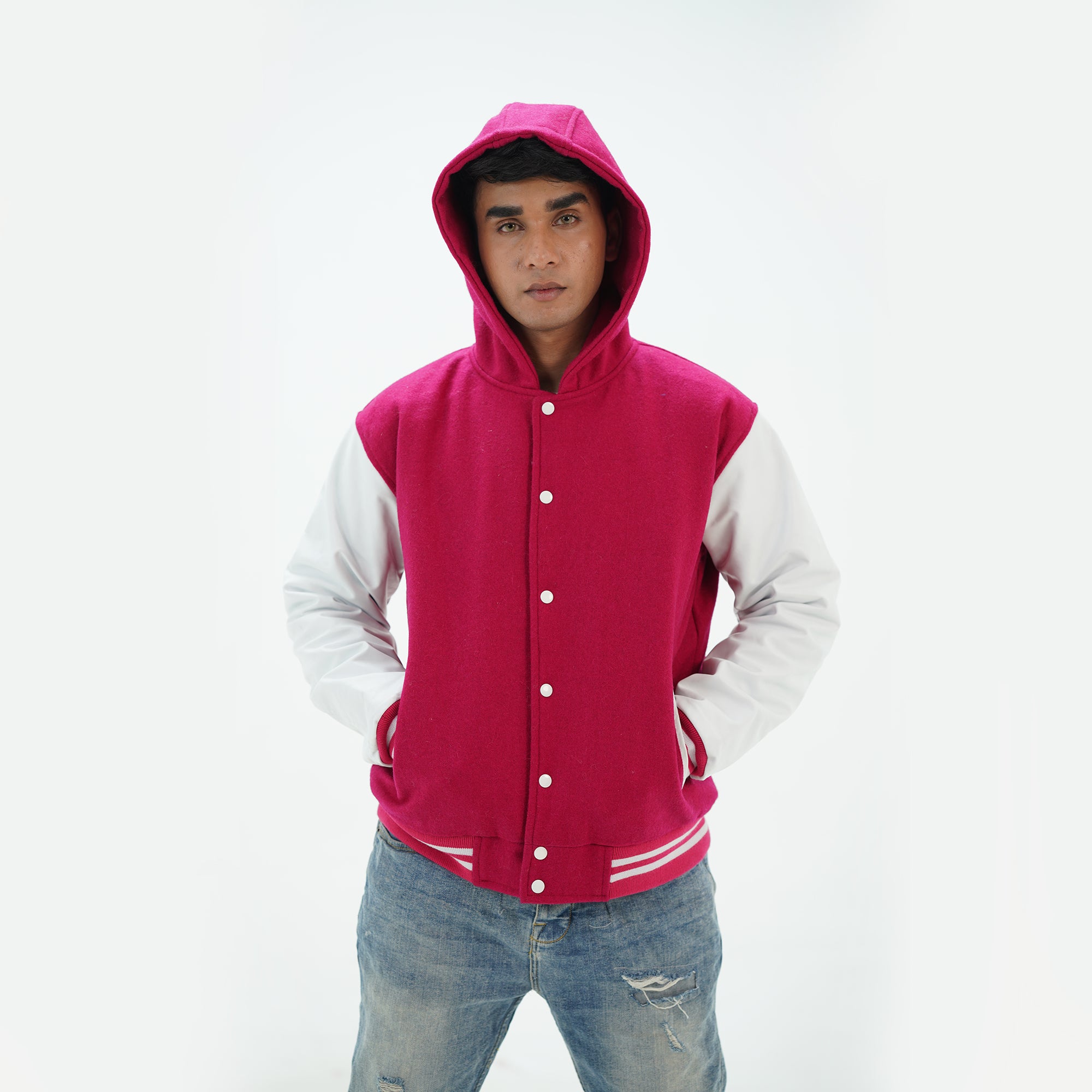 Detailed view of letterman hoodie jacket leather arms in pocket and hood with wool body varsity styling