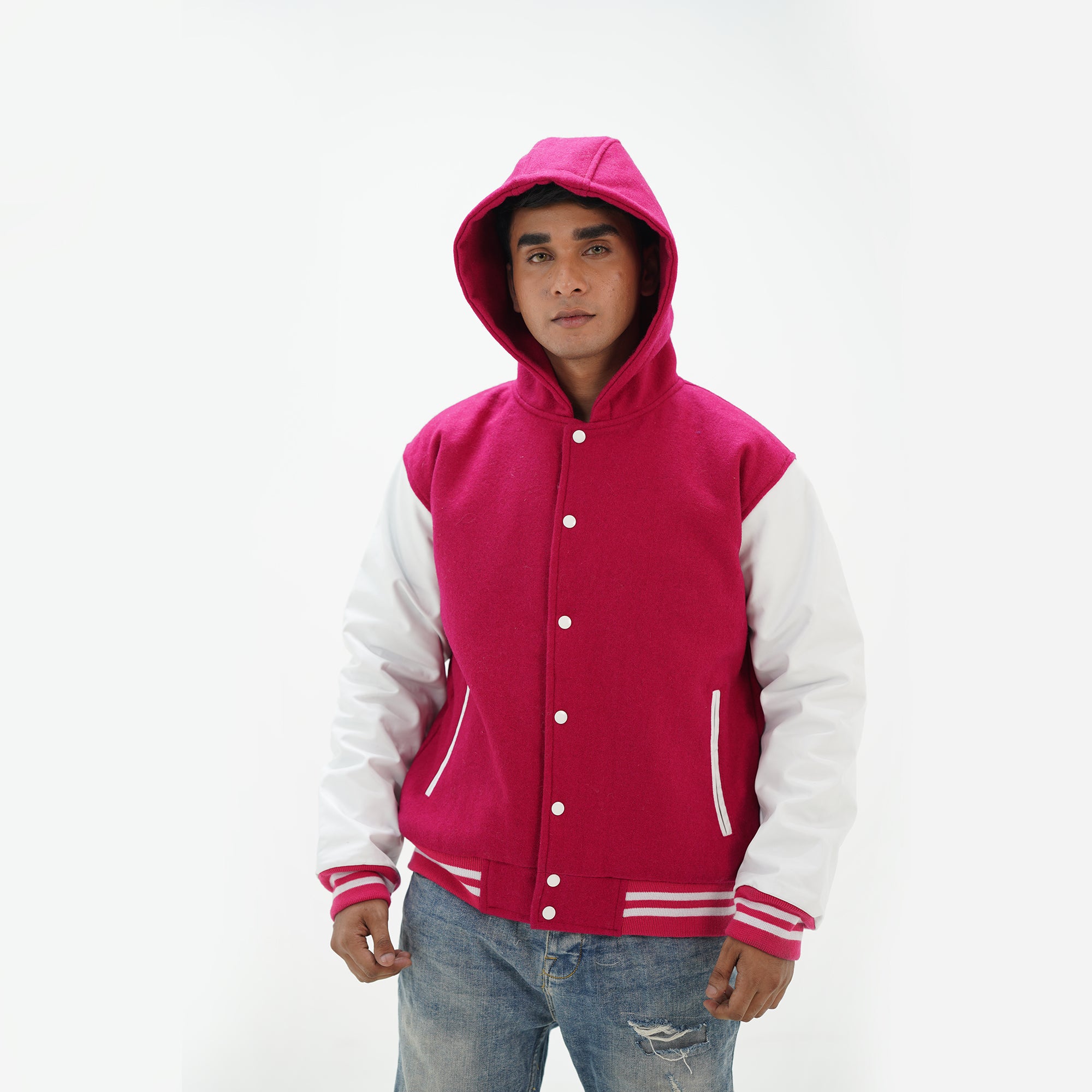 Front view of letterman hoodie jacket featuring leather arms and wool body construction with hood