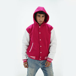 Letterman hoodie jacket in pink and white with leather arms and wool body - hooded varsity style