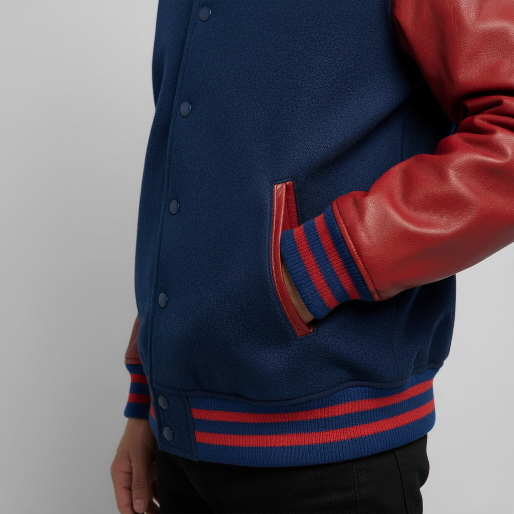 Blue varsity jacket with red accents on a plain background