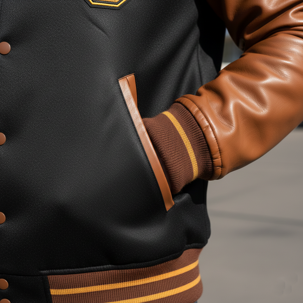 Letterman jacket showcasing genuine leather sleeves and wool body with ribbed collar cuffs and waistband trim for premium varsity construction