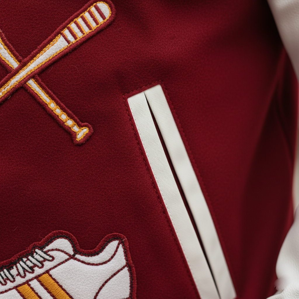 Close-up of a maroon jacket with embroidered designs and white stripes.