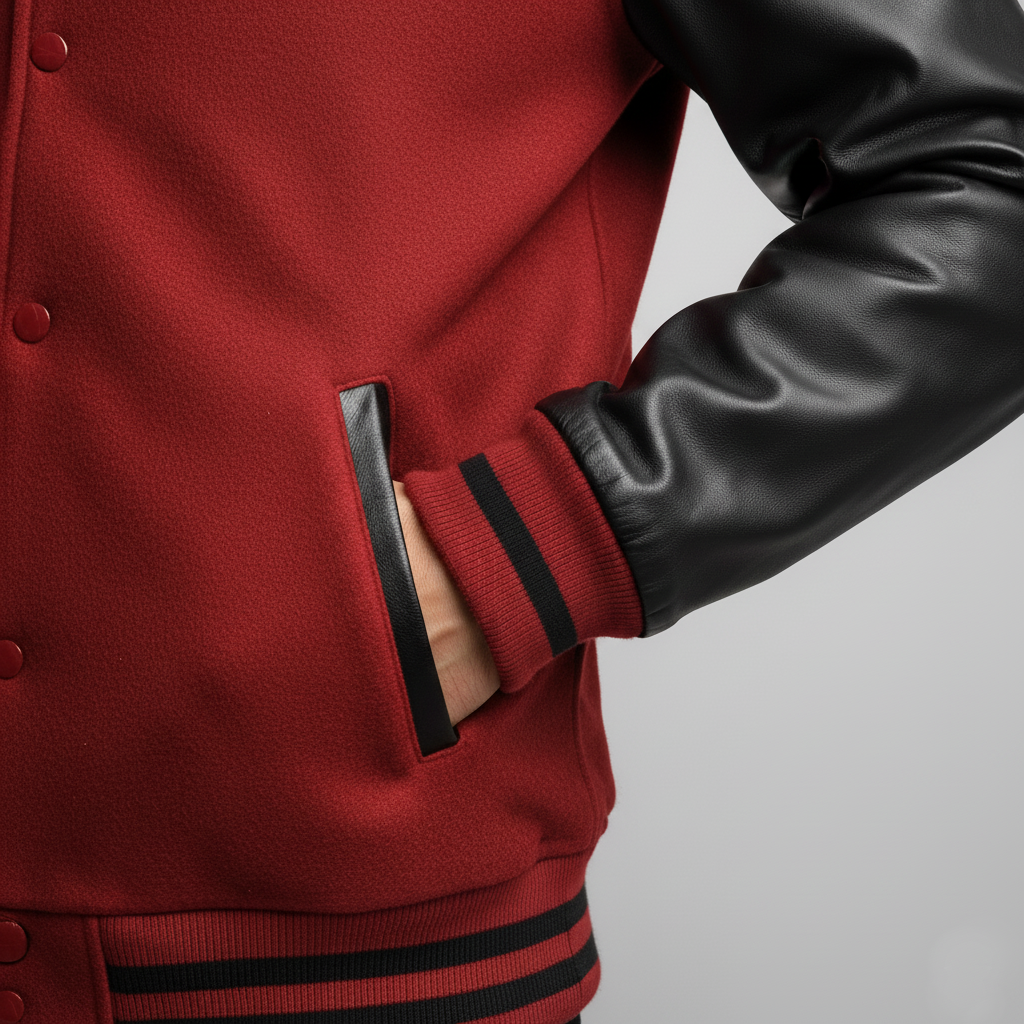 Red jacket with black leather sleeves on a gray background