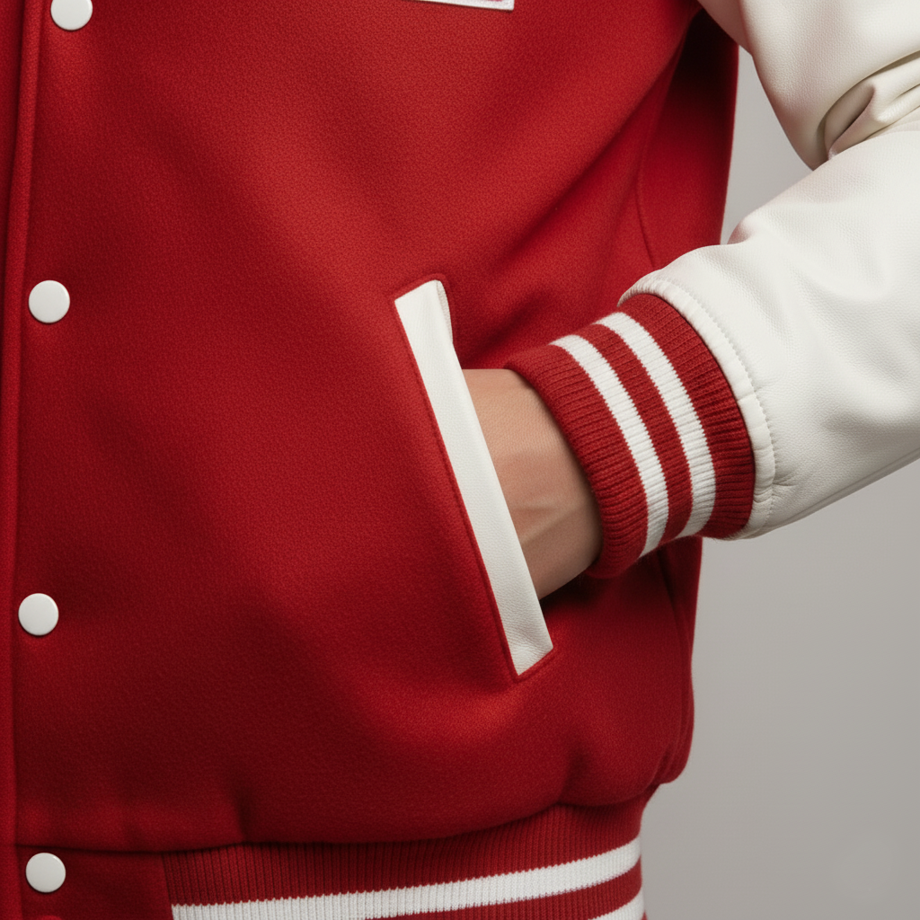 Red varsity jacket with white accents on a neutral background