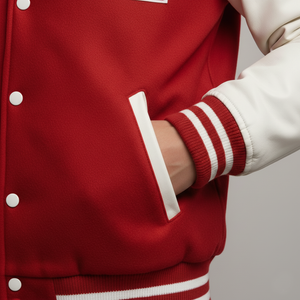 Red varsity jacket with white accents on a neutral background