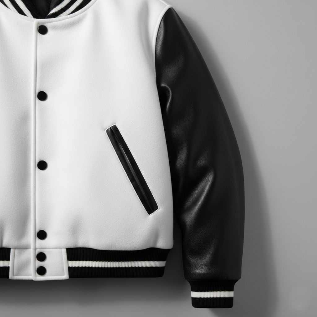White varsity jacket with black sleeves on a gray background