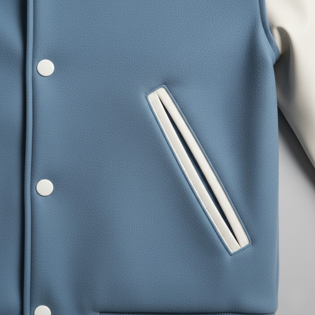 Blue jacket with a white stripe and buttons on a light gray background