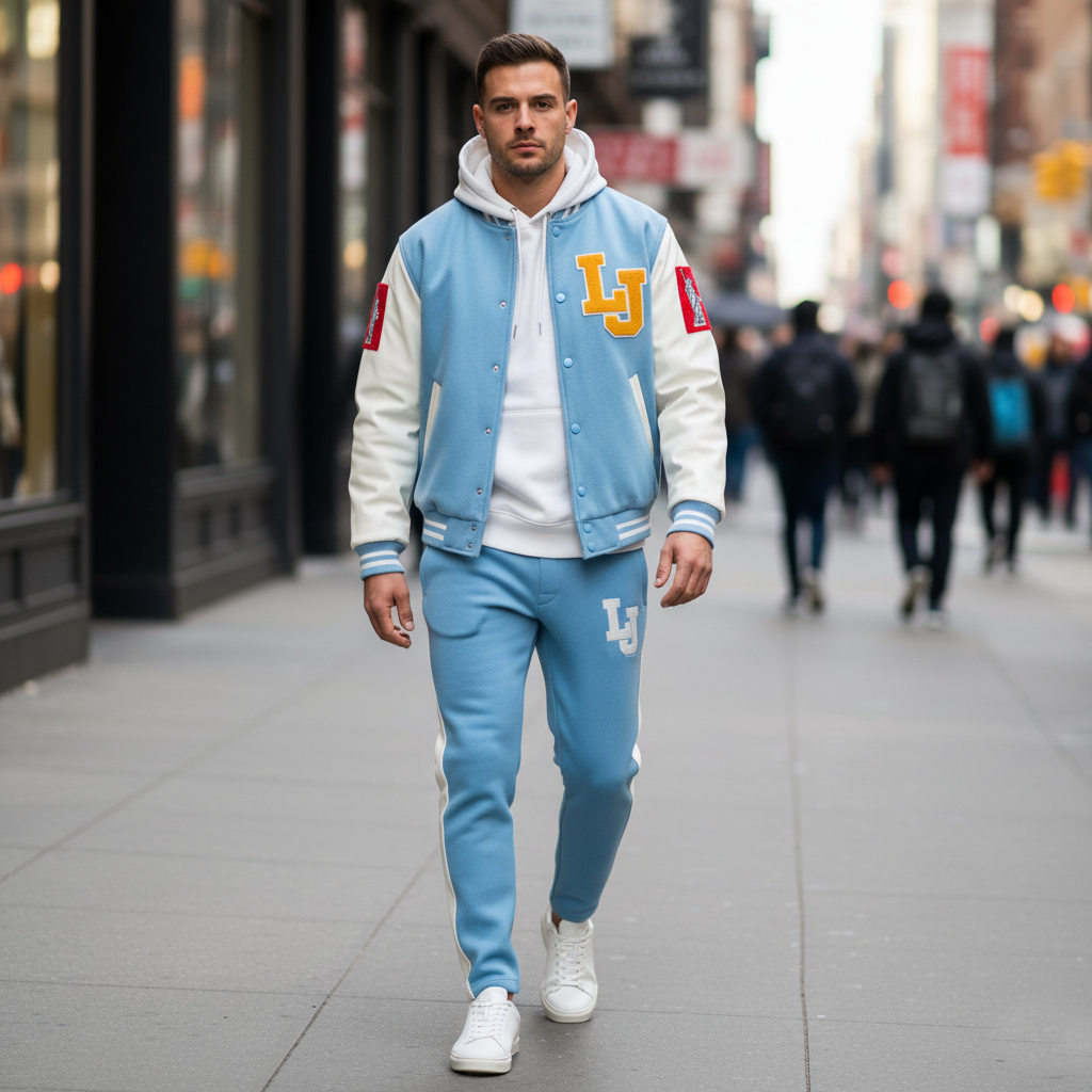 Man wearing a blue and white varsity jacket with 'LJ' logo walking on a city street.