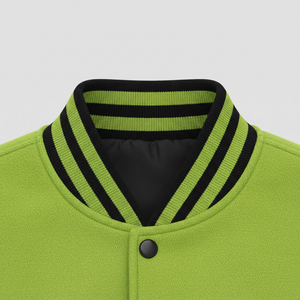 Close-up of a green jacket with black trim on a light gray background