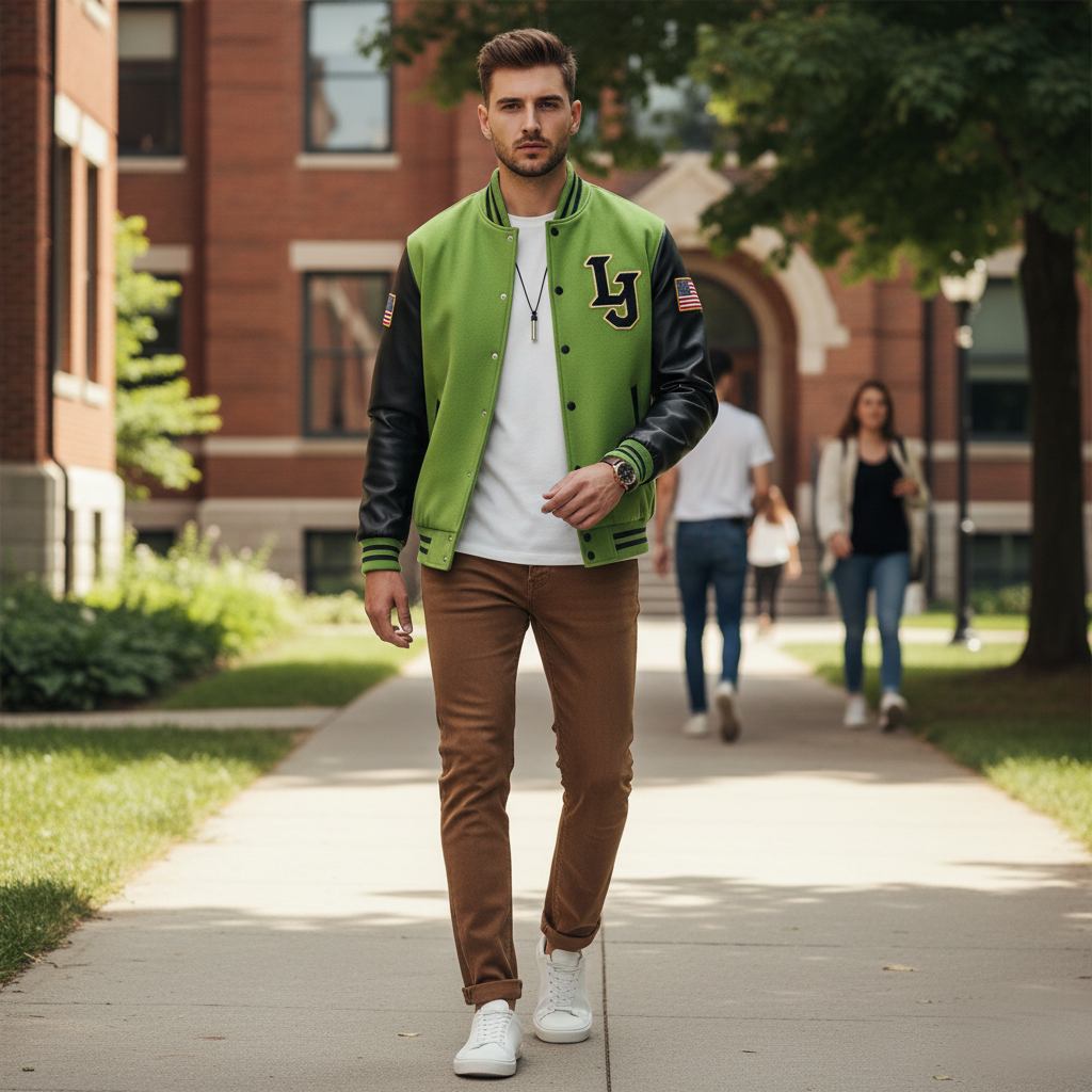 Man wearing a green varsity jacket with a school logo on a college campus