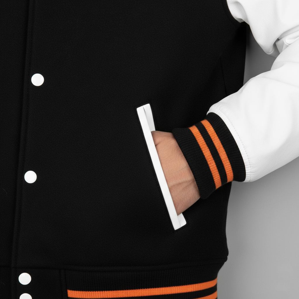 Black varsity jacket with orange stripes and white cuffs, worn by a person.