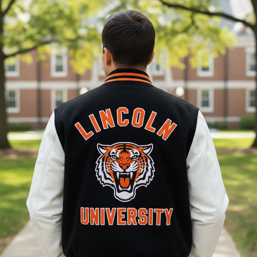 Person wearing a Lincoln University letterman jacket with a tiger logo on a campus background