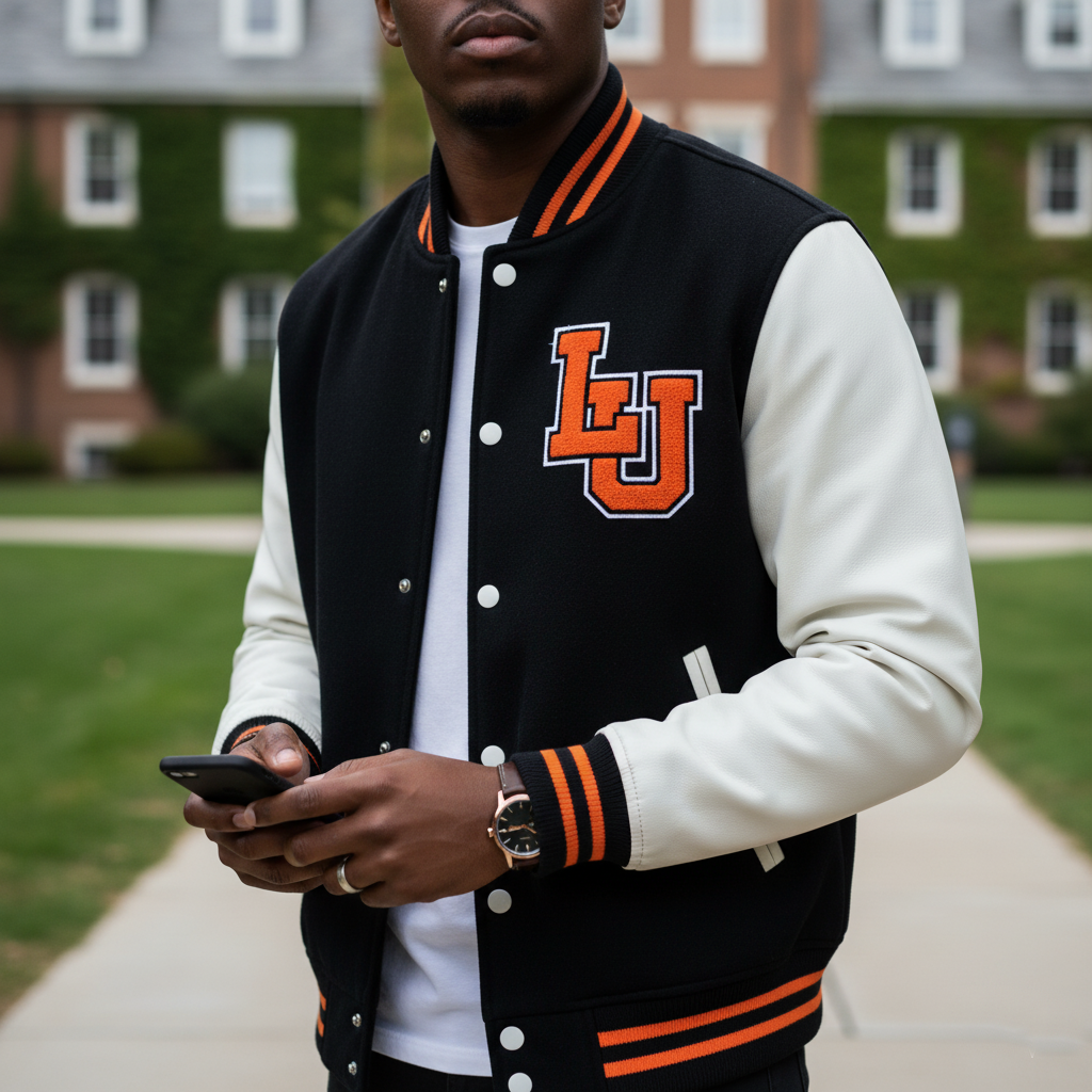 Person wearing a black and orange varsity jacket with 'LU' logo, holding a phone outdoors.