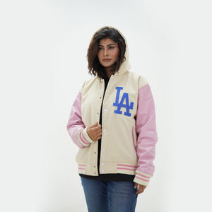 Three quarter view of Los Angeles Dodgers varsity jacket highlighting quilted interior lining and premium wool leather materials for fans