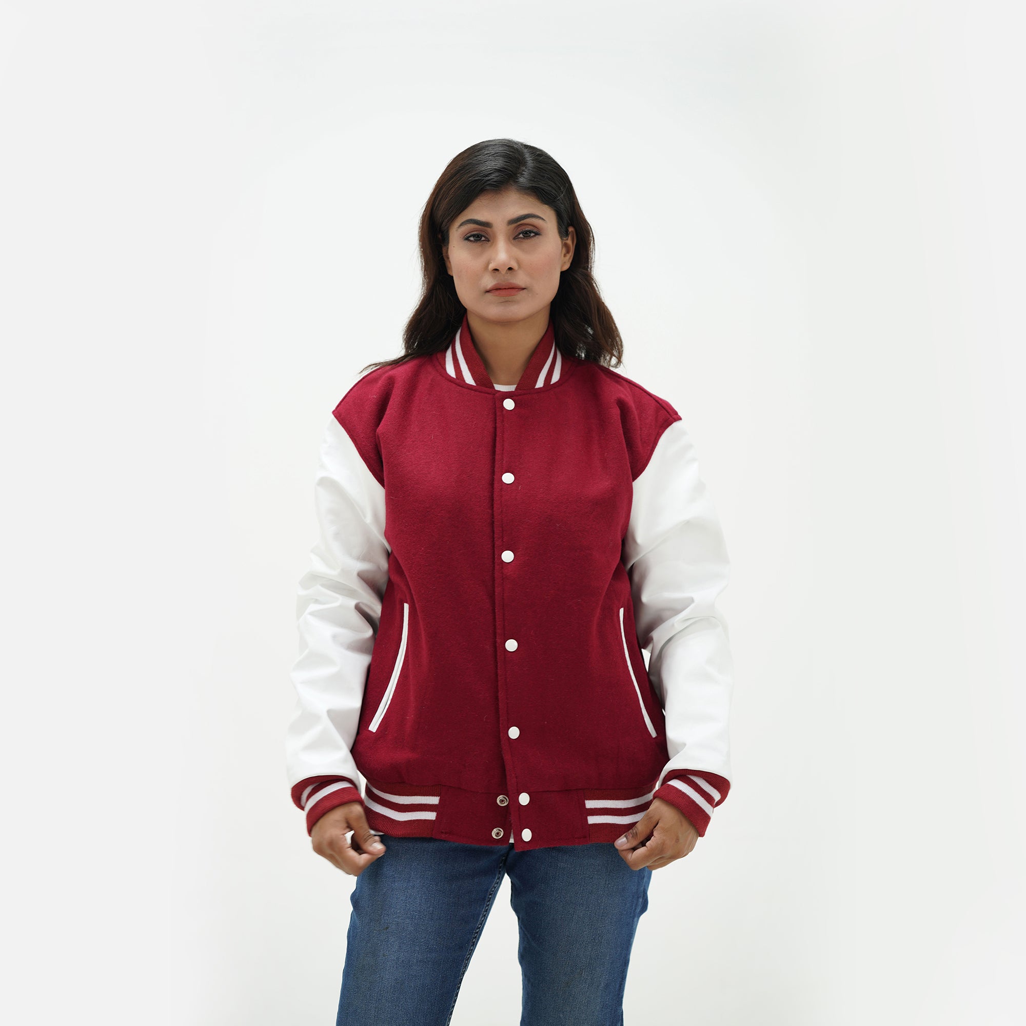 Magenta athletic jacket women close-up - showing ribbed collar construction with magenta and white striped trim and snap button hardware