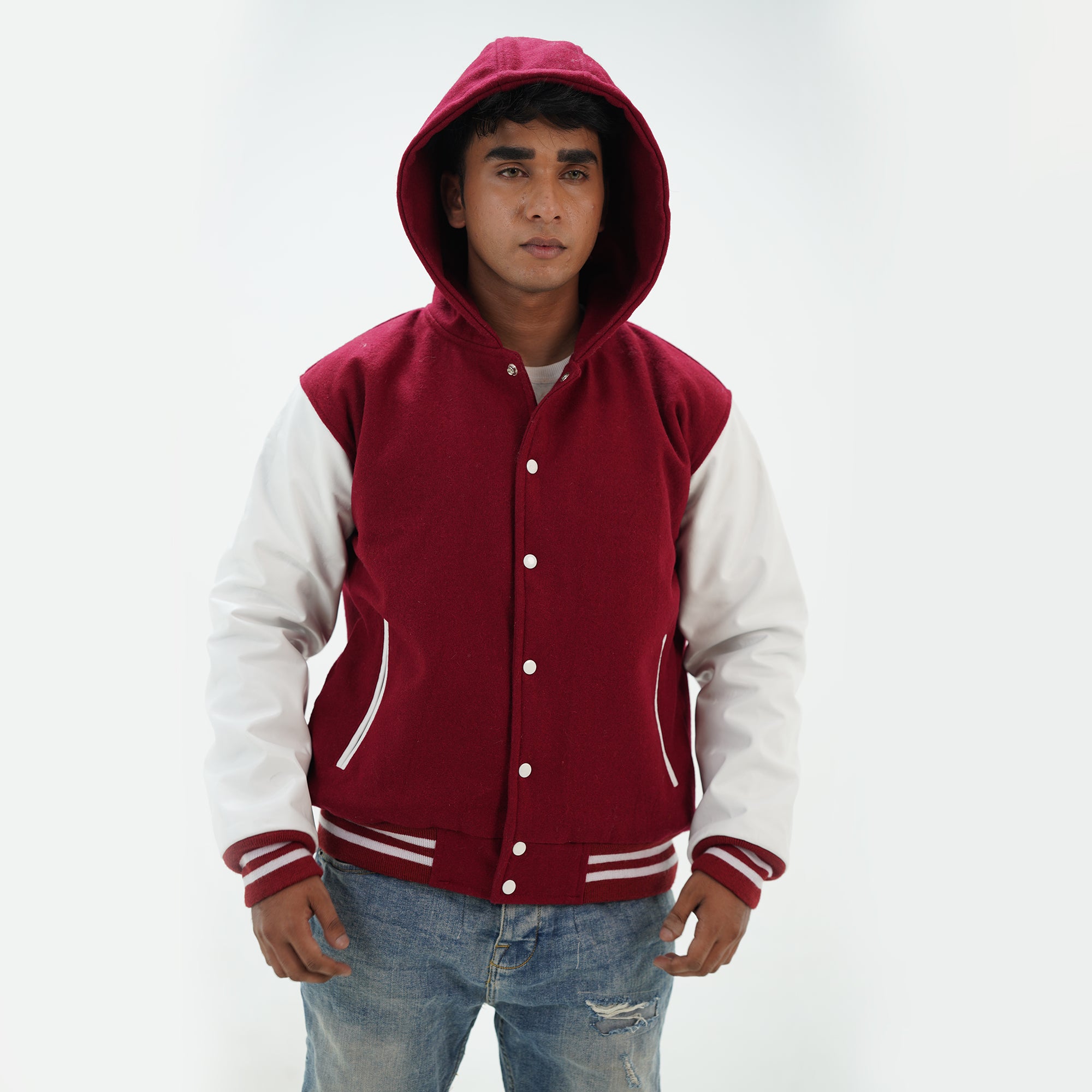 Front view of men's magenta and white letterman hoodie featuring premium wool and leather construction with custom embroidery options