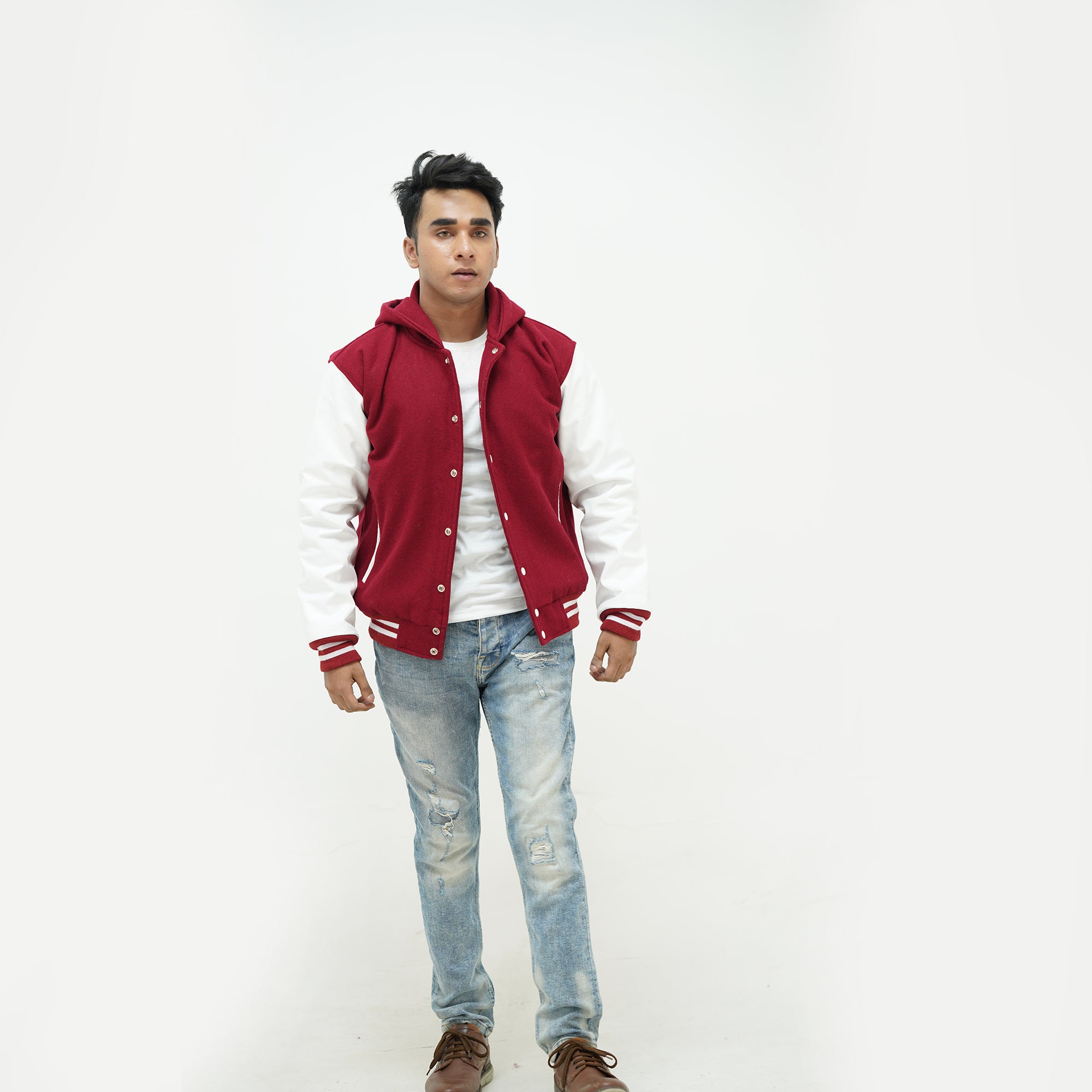 Detailed view of men's magenta and white letterman hoodie hood and ribbed trim with premium quality finishing