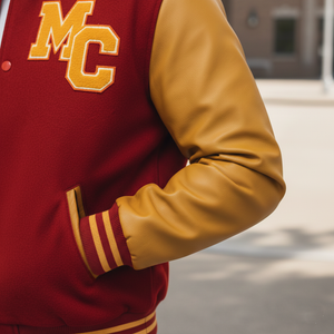Marine Corps MC letterman jacket patches close-up red gold military varsity details
