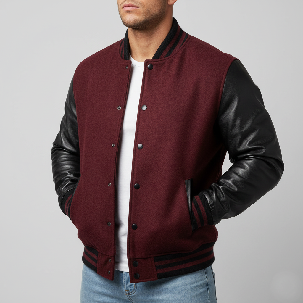 Man wearing a maroon varsity jacket with black leather sleeves on a gray background