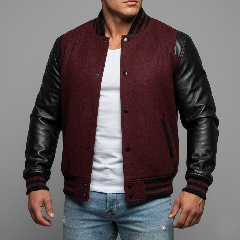 Man wearing a maroon varsity jacket with black sleeves on a gray background