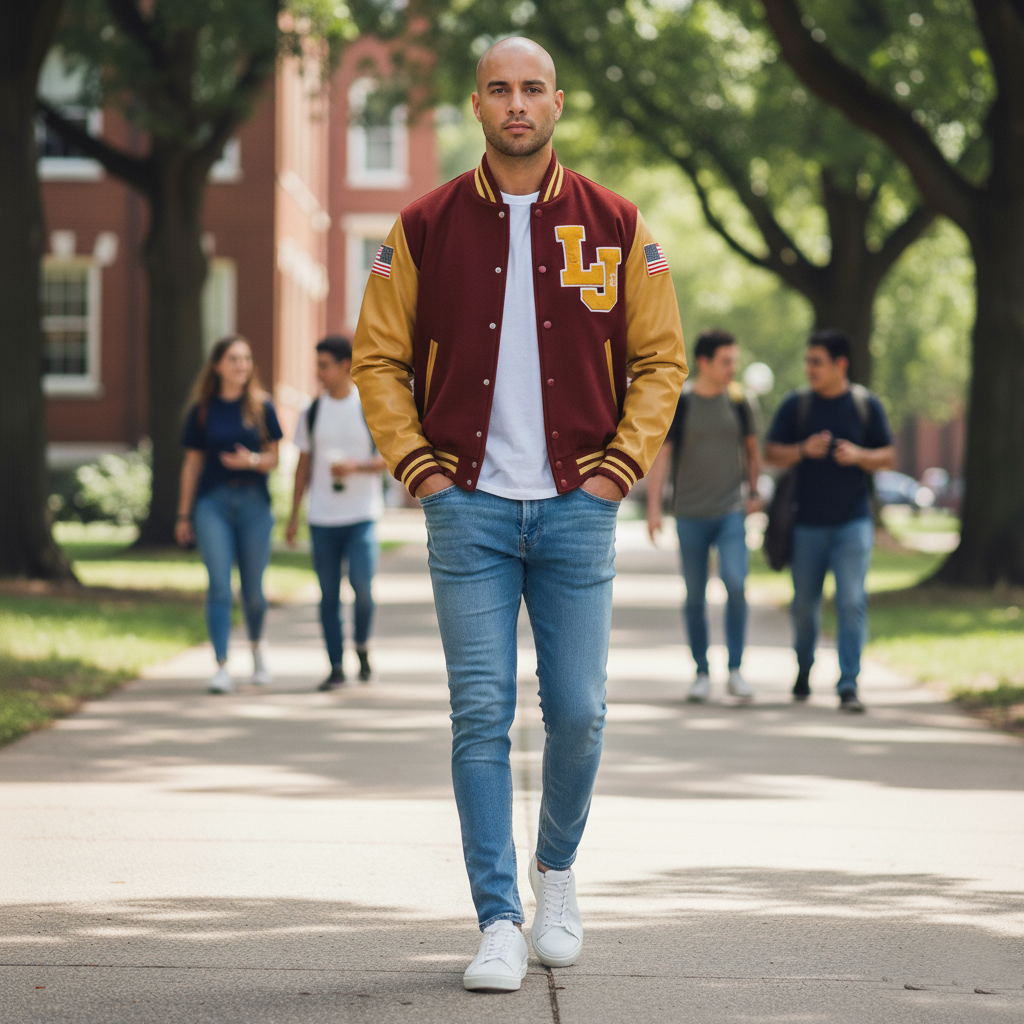 Man wearing a maroon and gold letterman jacket on a college campus