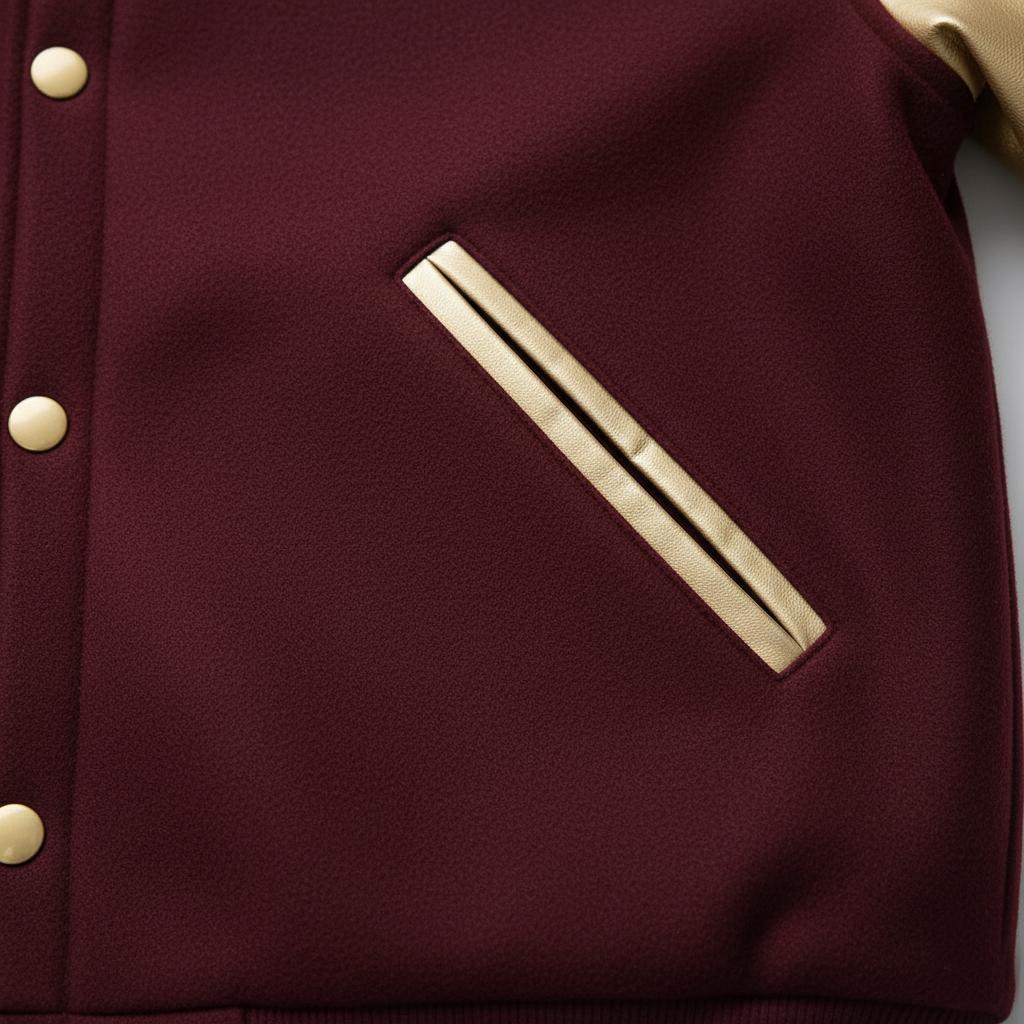 Close-up of a maroon jacket with gold buttons and a pocket detail.