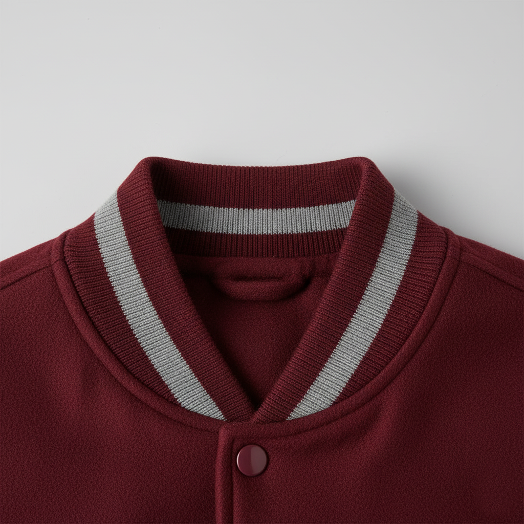 Close-up of a maroon jacket with a gray striped collar on a light gray background