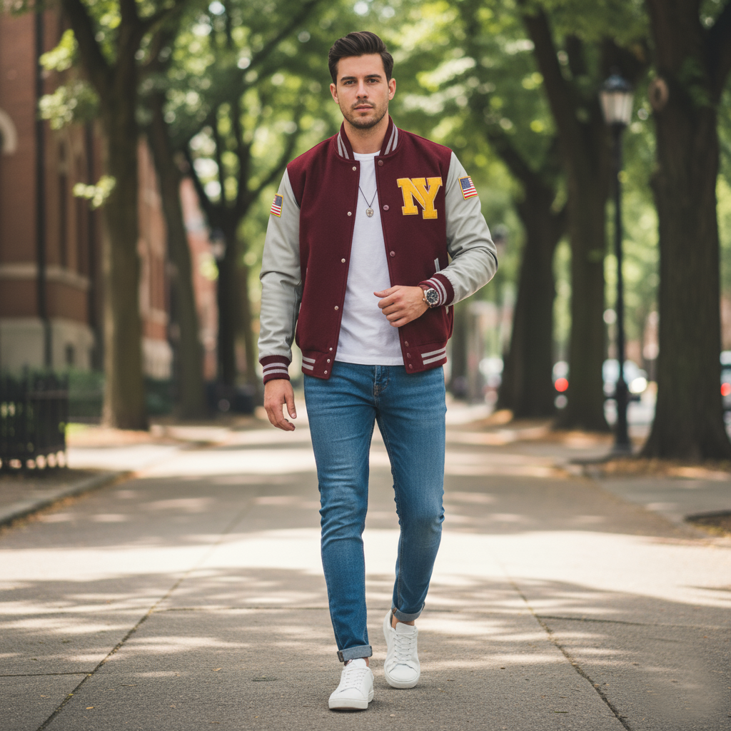 Man wearing a maroon and gray varsity jacket with 'NY' on a tree-lined street.