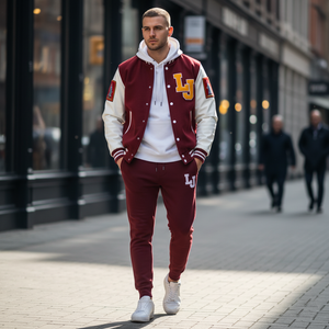 Man wearing a maroon and white varsity jacket and pants walking on a city street.