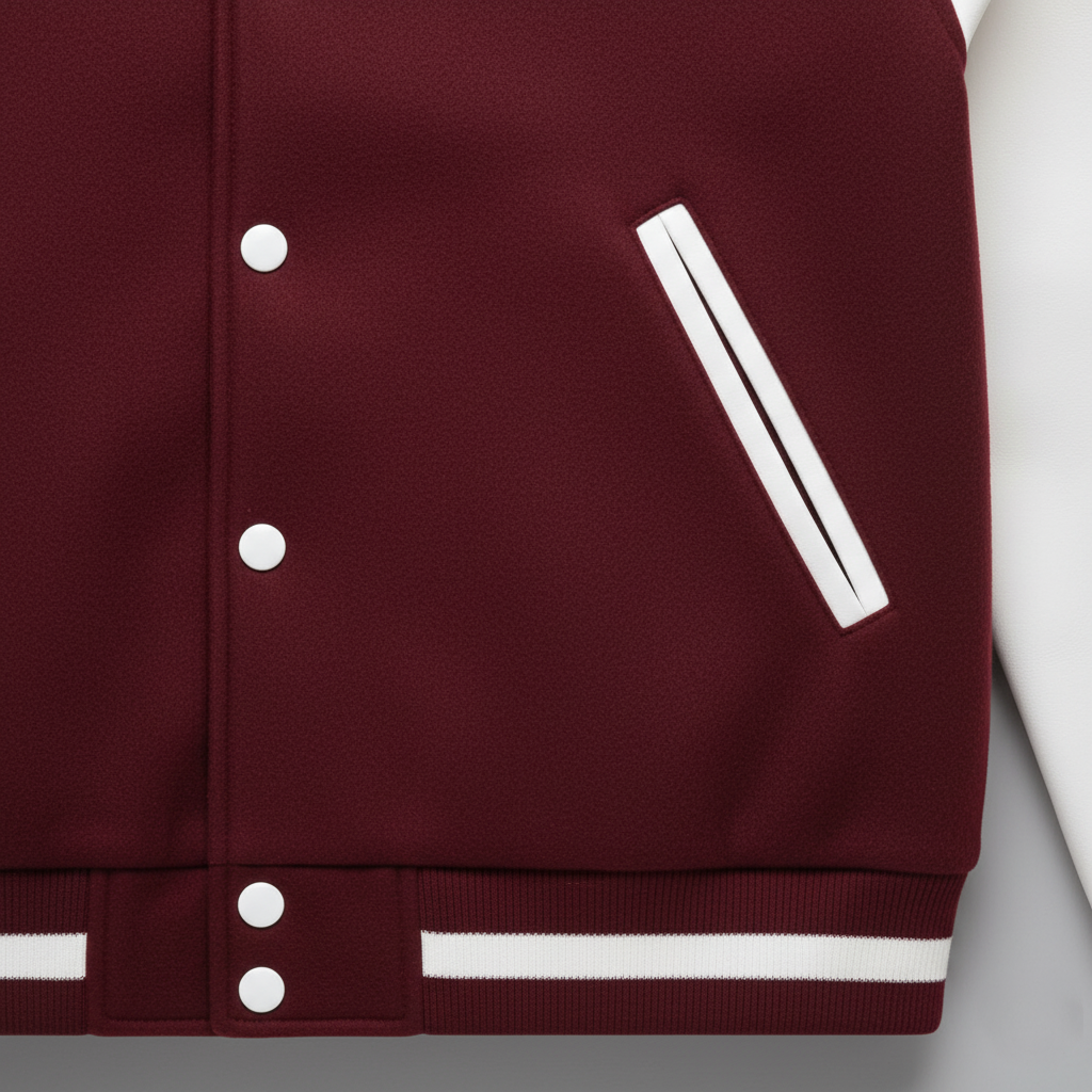 Maroon varsity jacket with white accents on a light gray background