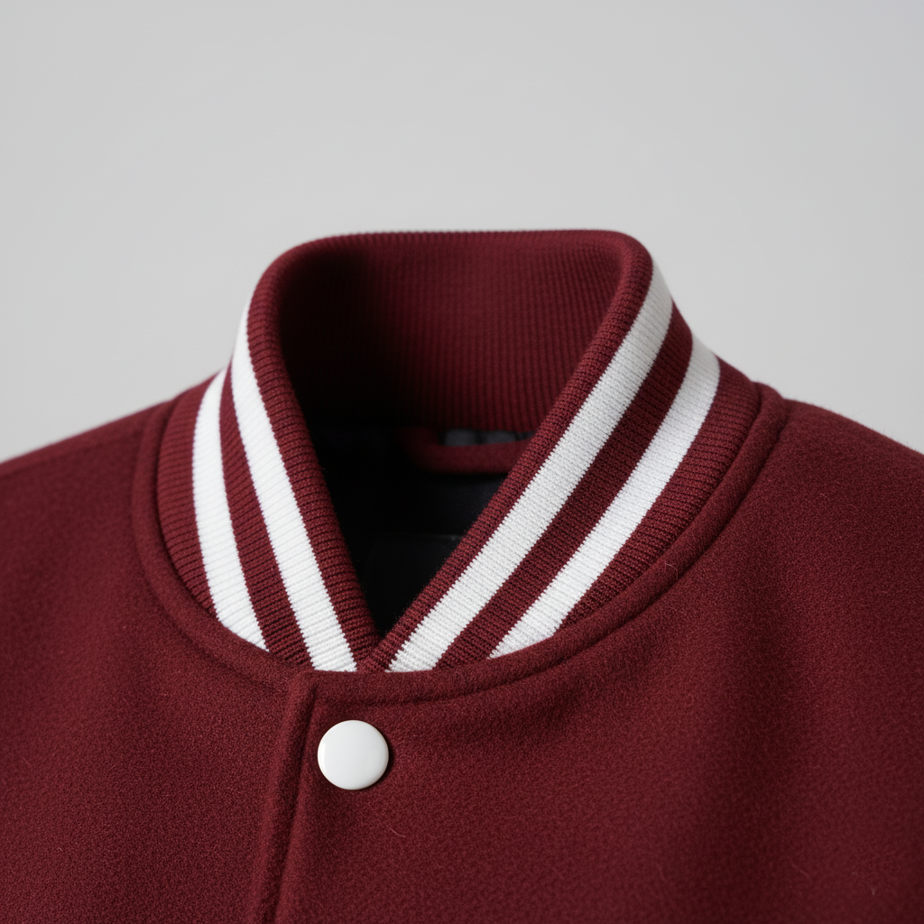 Close-up of a maroon varsity jacket with white stripes on the collar against a gray background