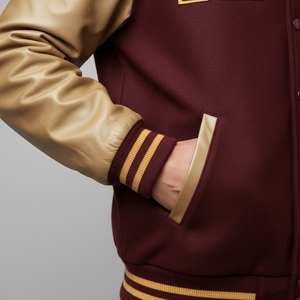 Maroon wool body and gold leather sleeves varsity jacket for boys designed for school campus and casual wear with ribbed trim