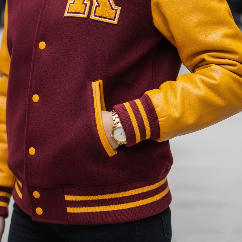 Maroon and yellow varsity jacket with chenille K letter patch urban street lifestyle shot