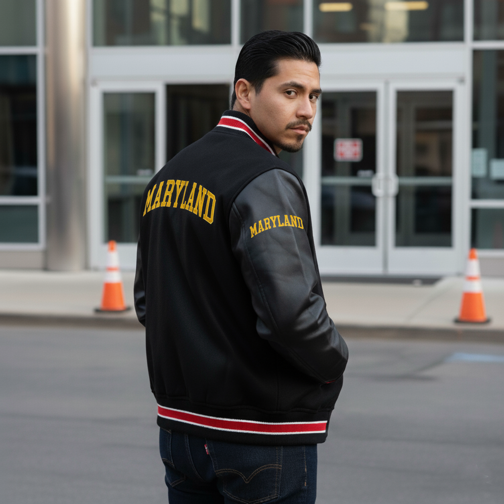 Man wearing a black 'Maryland' letterman jacket standing in front of a building with traffic cones.