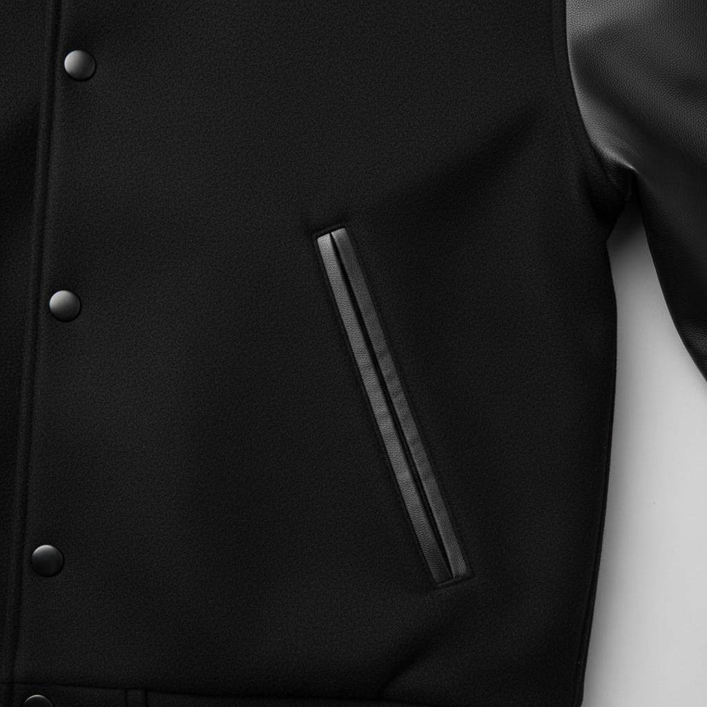 Close-up of a black varsity jacket with buttons and a pocket.