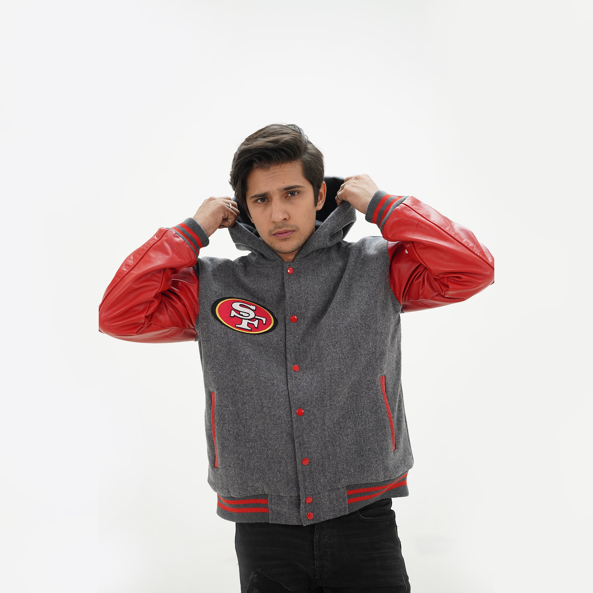 Close up of men 49ers varsity hoodie  and waistband details with grey wool and red leather team color construction