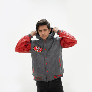 Close up of men 49ers varsity hoodie  and waistband details with grey wool and red leather team color construction