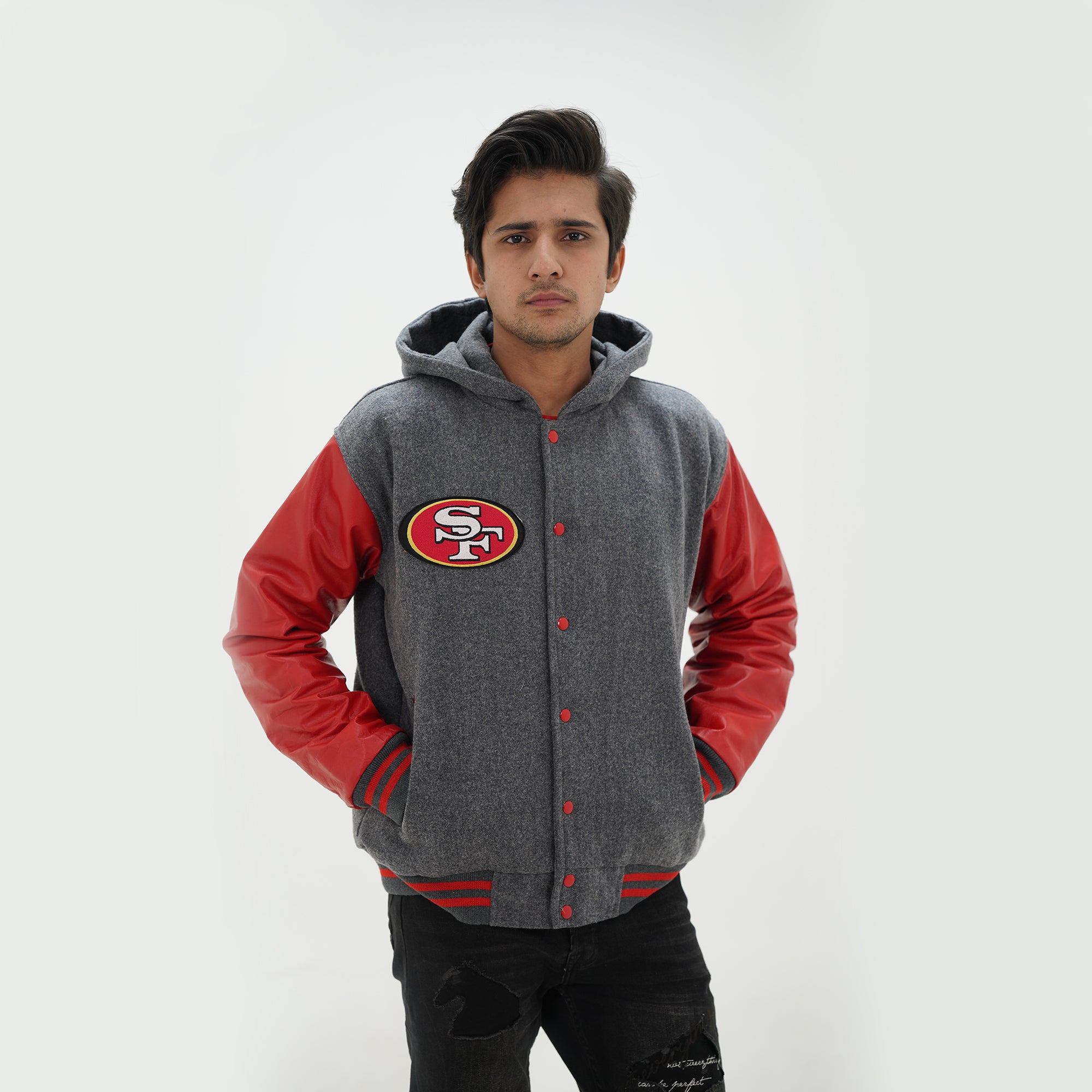Close up of men 49ers varsity hoodie ribbed collar and waistband details with grey wool and red leather team color construction
