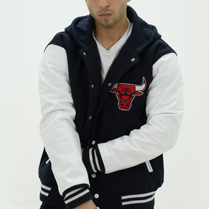 Men Chicago Bulls letterman jacket with hood featuring rwhite and black wool body and genuine leather sleeves for basketball fans