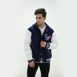 Three quarter view of men Houston Texans hooded jacket highlighting quilted interior lining and premium wool leather materials