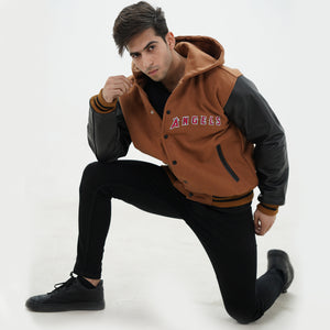 Close up of men LA letterman hoodie ribbed collar cuffs and waistband details with premium wool leather construction for varsity styling