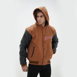 Back view of men LA varsity hoodie showing attached hood and authentic construction for showcasing Los Angeles pride with wool leather design