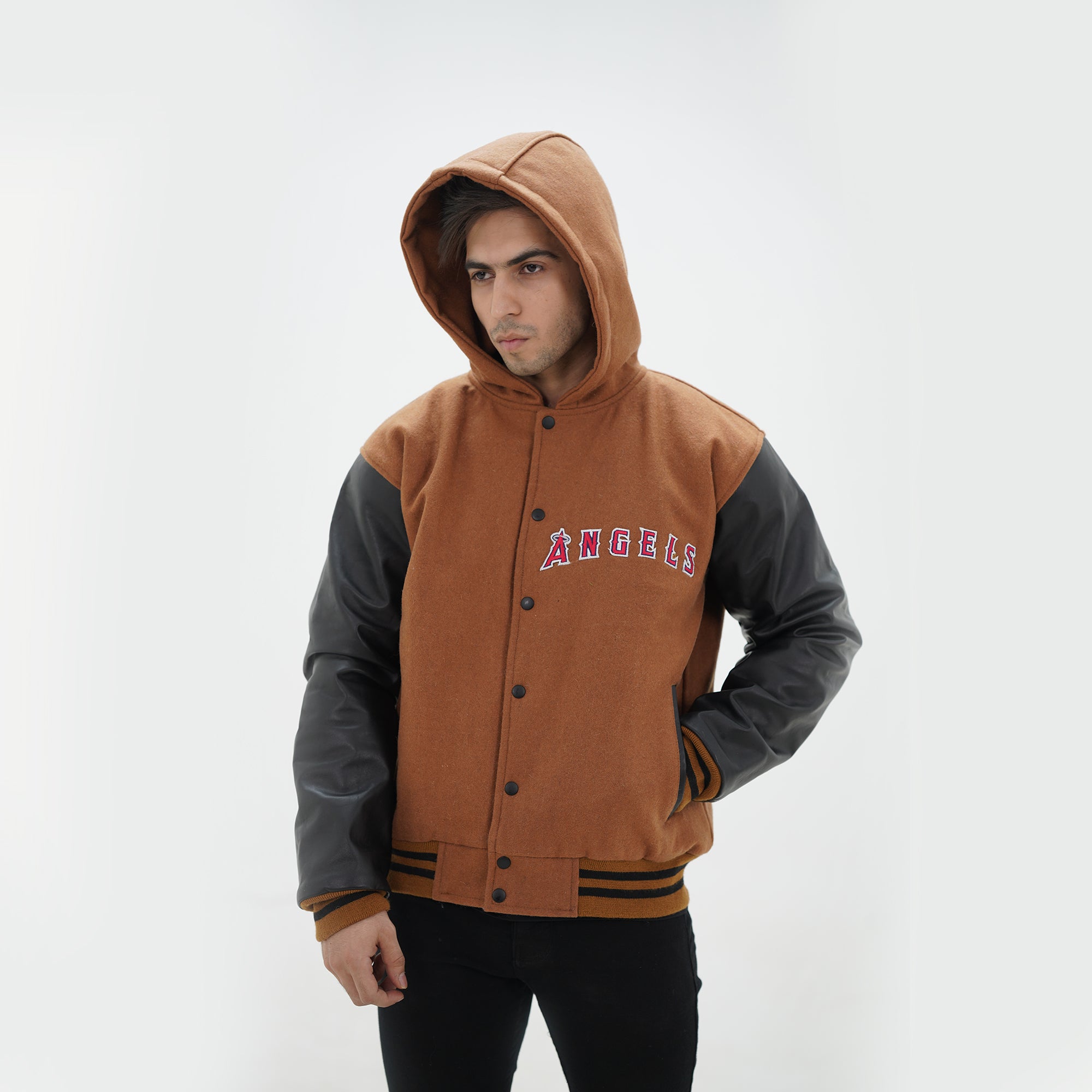Three quarter view of men Los Angeles hooded jacket highlighting quilted interior lining and premium wool body with leather sleeves